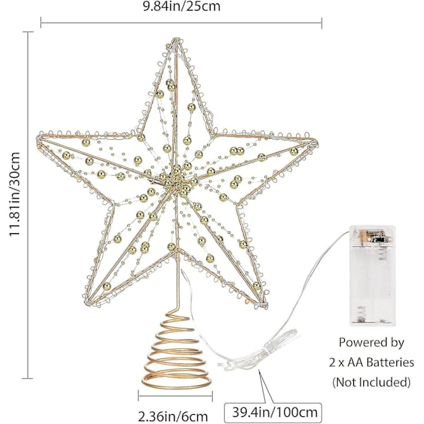 Stjerneformet metal juletræ, pentakelformet lampe med spiralformet base, perlekædelys, juledekoration