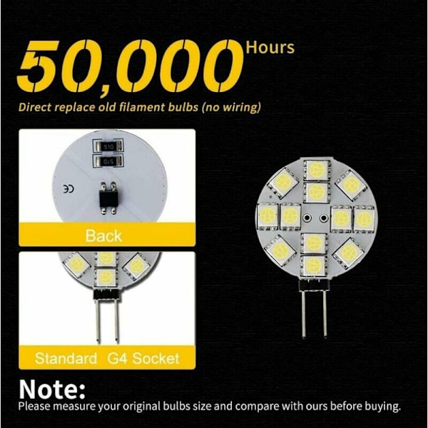 BF 10 st G4 LED-lampor DC 12V Icke-Dimbar Vit 6000K Ersättningslampa 20W Halogenlampa för Kök RV Husbil Släp Båt