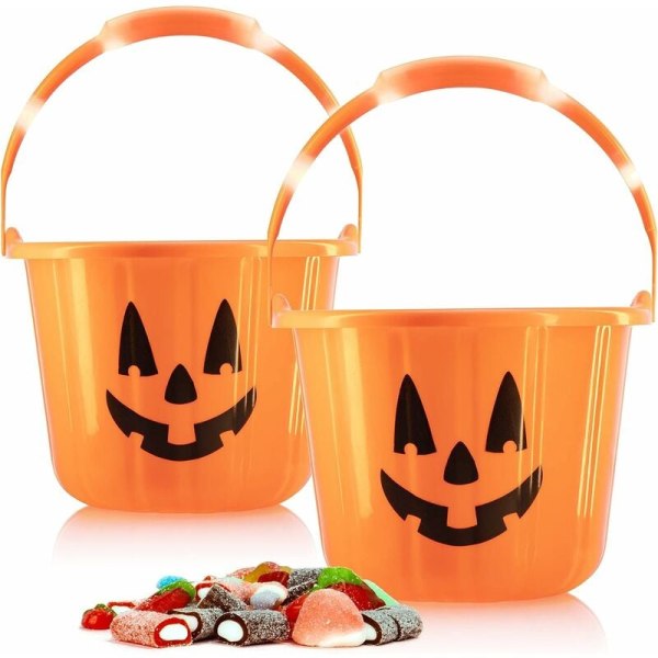 2X Halloween Pumpkin Bucket - Pumpkin Design plasthink med blinkande LED - Halloween Collection Bag med handtag