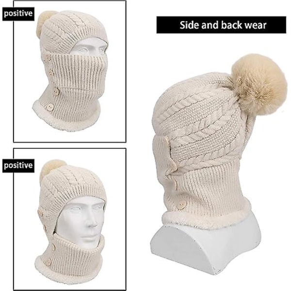 Vinter varm strikket capneck varmesett, fleksibel strikket lue lue med hårball, justerbar maske for kvinner for utendørs sport Beige