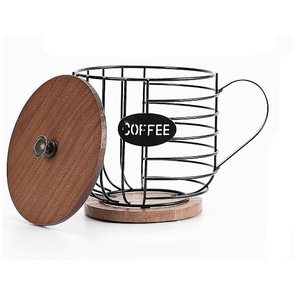 Rustik kaffepudeholder - K-kop opbevaring med trælåg - Rund kaffekurv til køkkenindretning (sort træbrun)