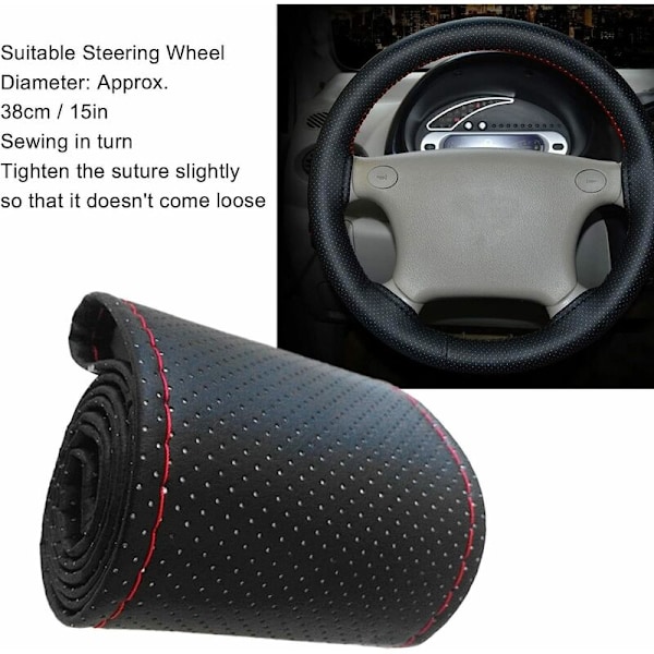 Universell bilrattskydd handsytt perforerat mikrofiberläder rattöverdrag för 38 cm diameter grå