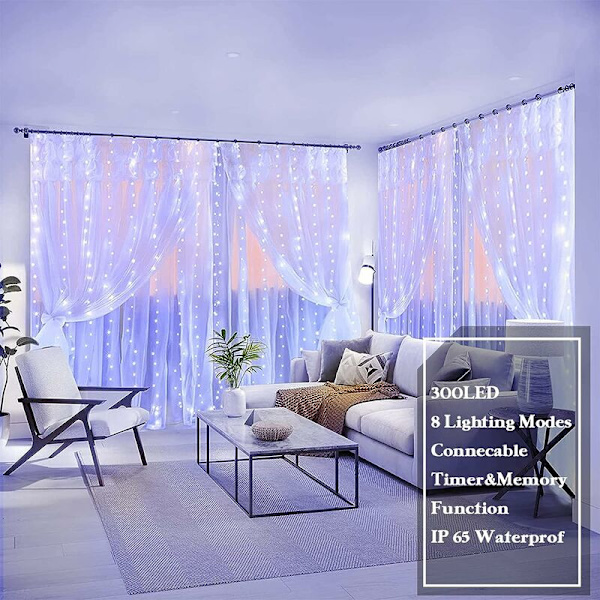 300 LED 8 lägen, fjärrkontroll med timer, justerbar ljusstyrka, lämplig för sovrum, trädgård, fest, bröllopsdekoration (transparent vit??)