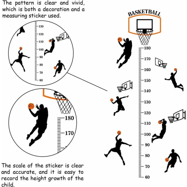 longziming Storlekstillväxtdiagram Set Basketskott Sport Självhäftande storleksdekaler för sovrum (90 x 30)