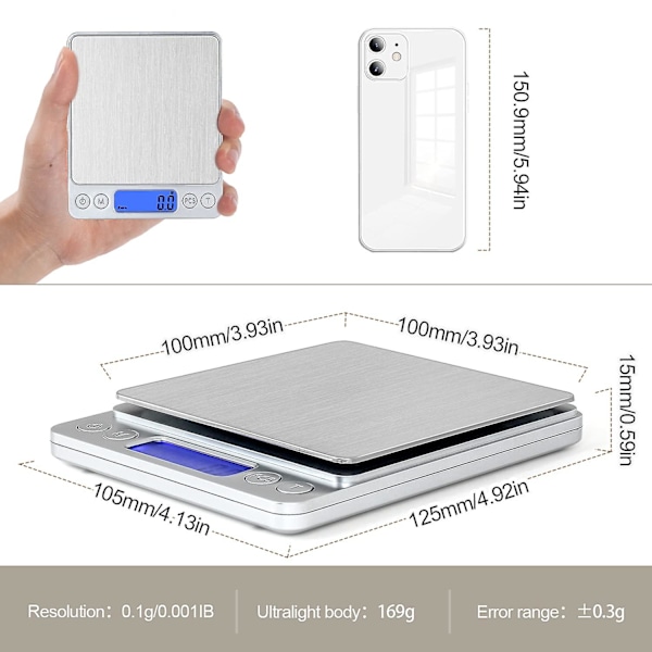 Piao digital köksvåg, USB-laddning, 3 kg/0,1 g, minielektrisk köksvåg, vattentät digitalvåg, USB-laddningsbar, LCD-display, rostfritt stål