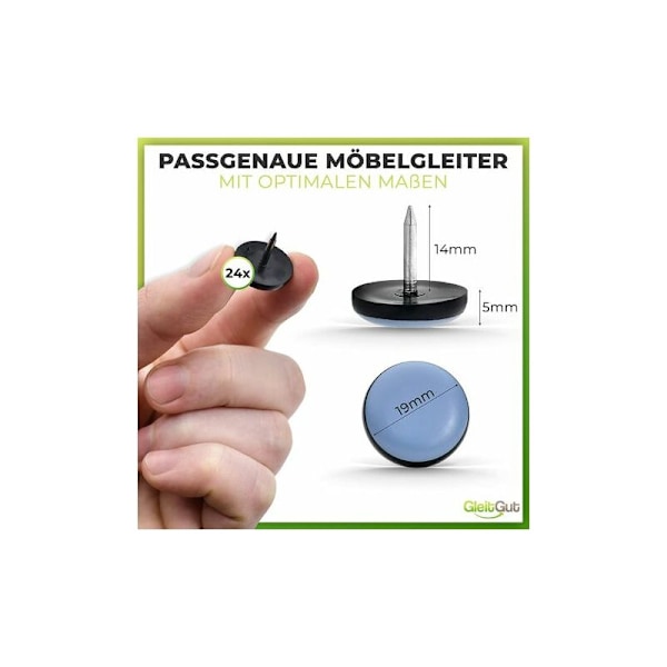 24 x Möbelglidare 19mm grå runda Teflon glidare med DOPA spik