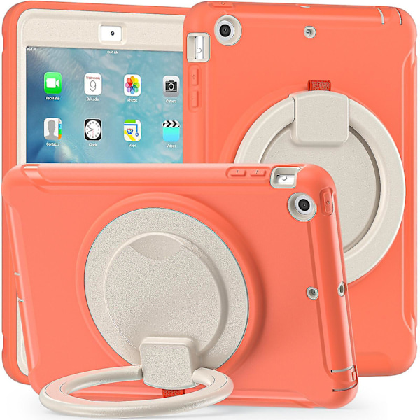 Nytt deksel for iPad Mini 1/2/3 med roterende stativ, støtsikkert, kamerabeskyttelse（Koralloransje）