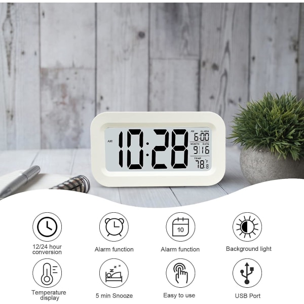 Digital väckarklocka, LED-väckarklocka med temperatur, snooze-funktion, 12/24H-konvertering, kalender, för sovrum, kontor, kök (uppladdningsbar)