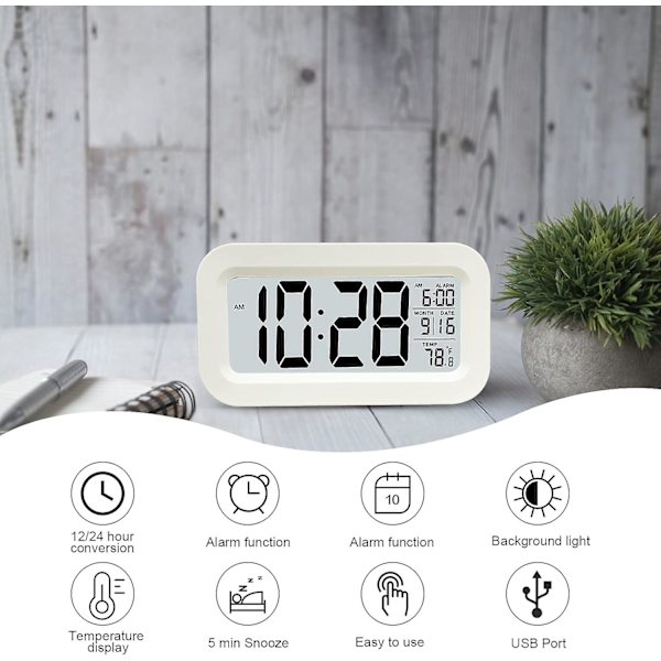 Digitalt vækkeur, LED-vækkeur med temperatur, snooze-funktion, 12/24H-konvertering, kalender, til soveværelse, kontor, køkken (genopladelig)