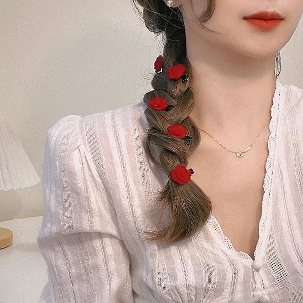 Retro Flocked Red Rose Hairpins/Girls Fashion Side Bangs Clip Hair Accessories（Som vist）