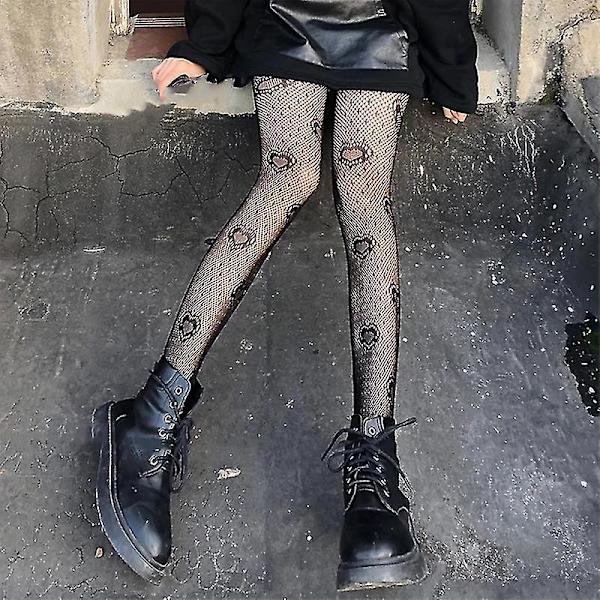 Kvinnor Svart Hjärta Prick Jacquard Fisknät Strumpbyxor, Punk Ihålig Strumpbyxor