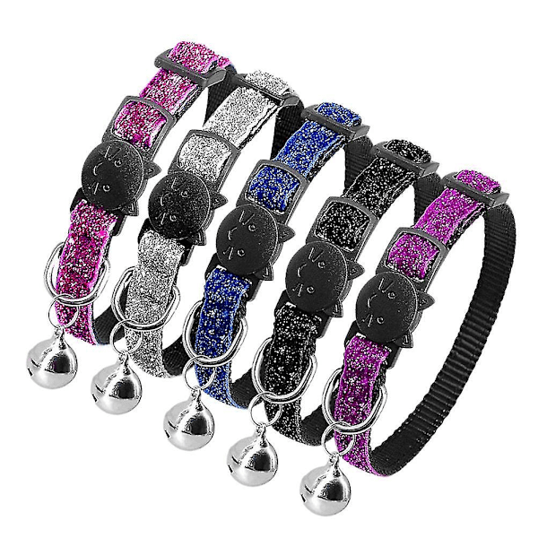 5-delad iögonfallande justerbar hållbar Bling Chic Nylon husdjurskrage kattkrage hundkrage med klockor