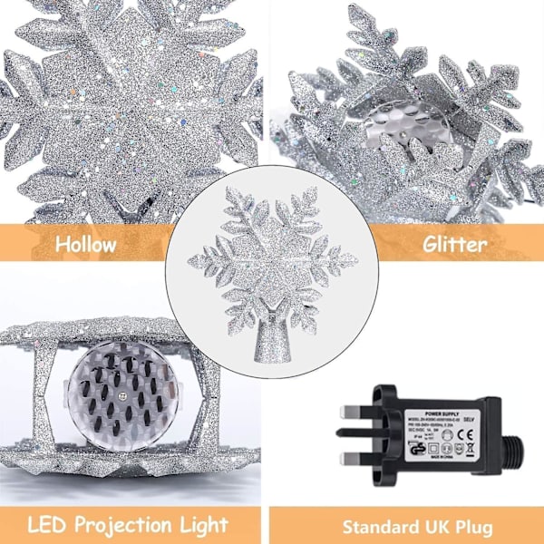 Joulukuusen latvatähti valkoisella lumihiutale-projektorilla, LED-pyörivä lumihiutale-projektori, 3D-salamavalo hopeinen lumihiutale-puun latvatähti jouluksi