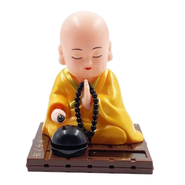 Liten munkfigur solcellsbil leksak bobble head leksak bil prydnad S gul