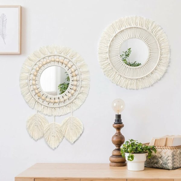 2-delad Macrame väggdekorationsspegel med vävda blad Boho frans rund spegel för sovrum vardagsrum barnrum heminredning (Style 08)