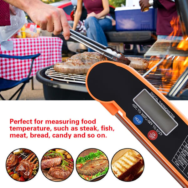 LCD Digital Termometer för Mat med Fällbar Sond, Kök Matlagning Grill Temperaturmätare Orange