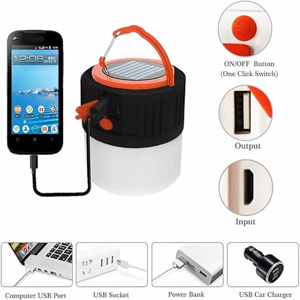 LED-campinglampa, uppladdningsbar vattentät bärbar solcellsficklampa med USB-port - 5 belysningslägen - lämplig för tält, nödsituationer, strömavbrott