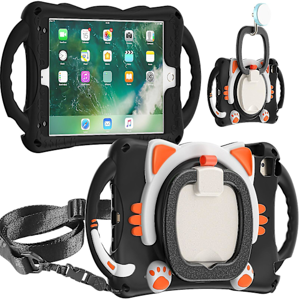 Nytt kattedesign deksel for iPad Mini 1/2/3/4/5 med skulderstropp, to håndtak, 360 roterende stativ, støtsikker design（svart oransje）