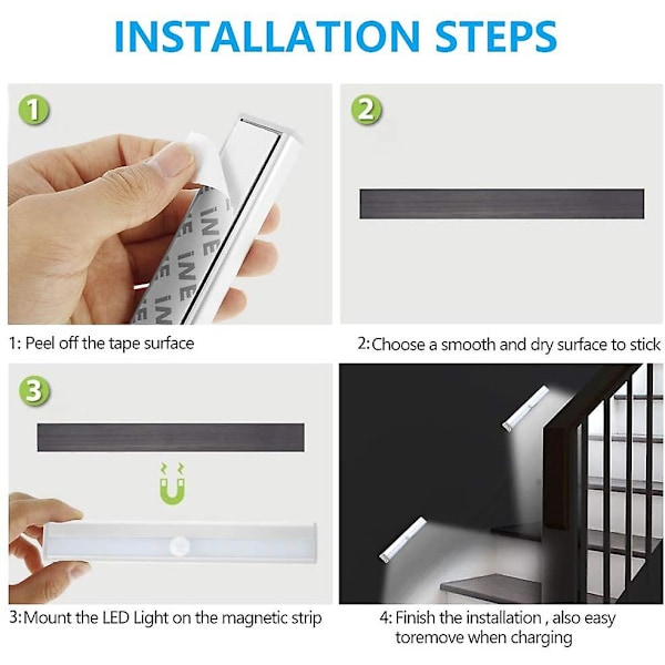 Set med 3 LED-rörelsesensorlampor inomhus garderobslampa 10 LED trådlös strålkastare, LED-garderobslampa batteridriven LED-belysning med magnetremsa