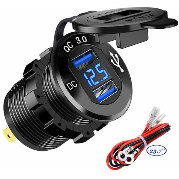 USB Snabb Billaddare Två QC3.0 USB-portar, 12V/24V Vattentät, med LED Digital Voltmeter