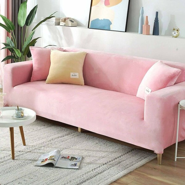 Sammetsöverdrag för soffa, halkfri stretchsoffa, tjock och mjuk sofföverdrag för L-formade soffor, rosa, 2-sits (145-185 cm)