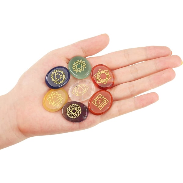 Chakra Krystallsett, Chakra Reiki Graverte Pebble Stones Gull Utformede Tegn Polerte Krystaller Balanserende Edelsten Åndelig For Holistisk Helbredelse