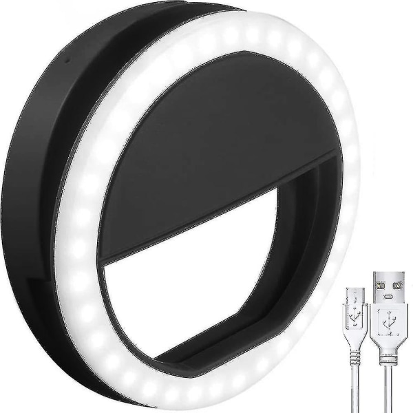 Selfie Ring Light Uppladdningsbar Led Clip On Telefon Ring Lampa, svart, wuzhou