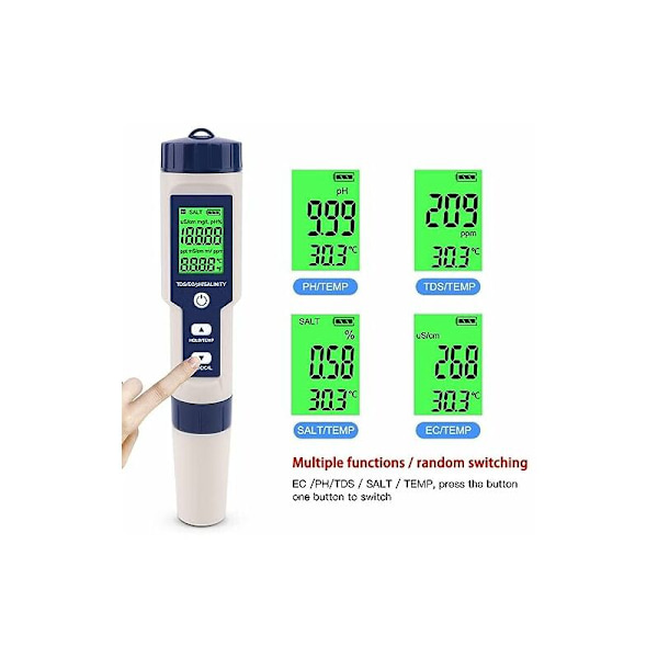 PH-mätare 5 i 1 PH/TDS/EC/ORP/Temperatur Vattenkvalitetsmonitor Testare för simbassäng Hydroponics Dricksvatten Akvarier