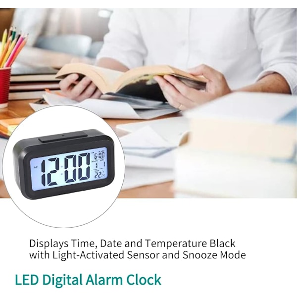 LED Digitalt Vækkeur med Sensorlys til Registrering af Tid og Temperatur Reference, Sort