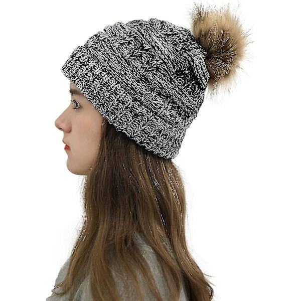 Dame Valentinsdag lue varm strikket ull tykk lue med hestehale hull knapp beanie blandinger for masker holder（svart floral）