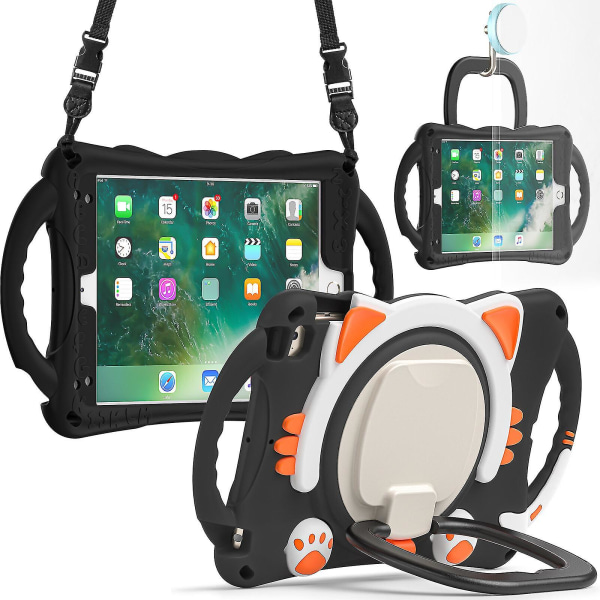 Nytt kattedesign deksel for iPad Mini 1/2/3/4/5 med skulderstropp, to håndtak, 360 roterende stativ, støtsikker design（svart oransje）