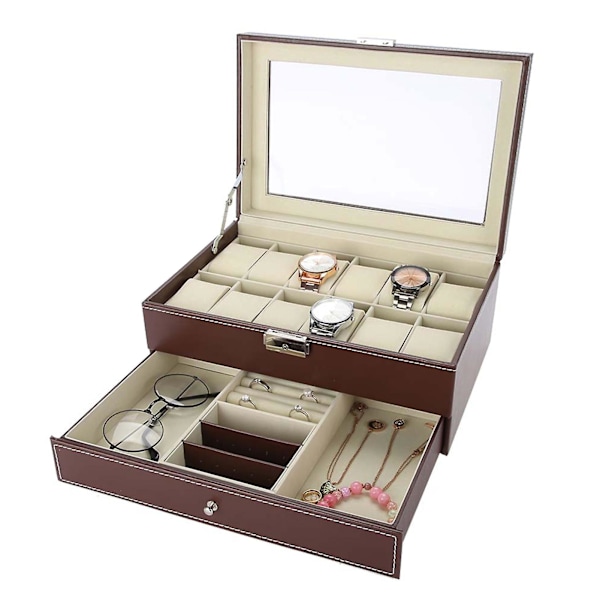Dobbelt lag 12 slots PU læder ur opbevaringsboks smykker display box holder organizer