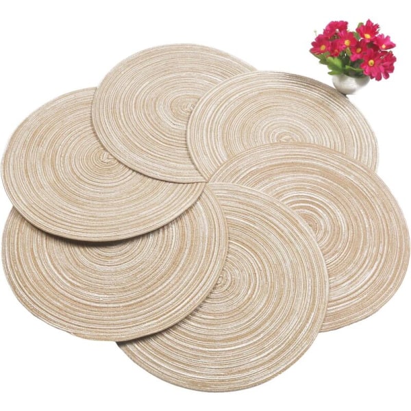 6 st tvättbara runda placemats i bomull, värmebeständiga, halkfria, julrunda beige placemats, bröllopsfestdekoration 15\" x 15\".