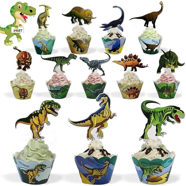 24 bitar dinosaurier Cupcake Topers och 24 bitar dinosaurier Cupcake omslag, Dinosaurie tårtdekoration för barn Fest Dinosaurie Födelsedagsdekoration B