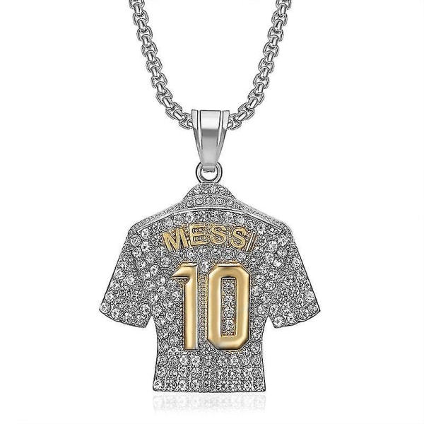 Szn 316l rostfritt stål titan guldpläterade kristaller fotboll Messi Messi 10 Jersey hänge halsband 24in halsband（silver）