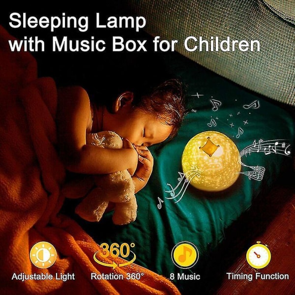 Tähtitaivas projektorilamppu, 3 in 1 led-kaiutin Musiikki Lasten yövalo, 6 projektioelokuvaa 360 Pyörivä tähtitaivas musiikkiprojektori kaukosäätimellä