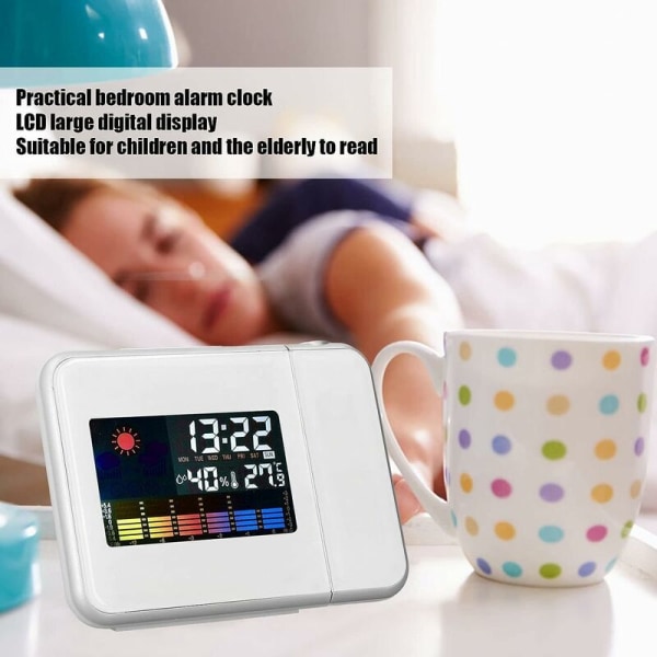 Digital Projektionsväckarklocka med temperaturhygrometer Tid Datum LCD-display Klocka - med USB-kabel Vit