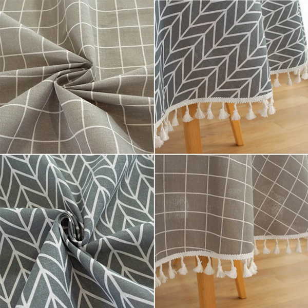 150 cm tofsad duk, rund duk gjord av polyester bomull, för matbord, soffbord, trädgårdsbord (grå pilmönster)