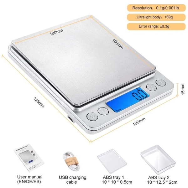 Digital köksvåg med USB-laddning, 0,1 g/3 kg digitalvåg, elektronisk precisionsvåg, Psc/Tare/LCD-displayfunktion, 9 enhetskonvertering