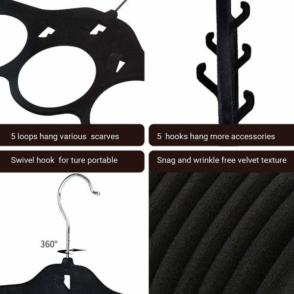Set med 3 sammetshängare för halsdukar, sjalar, slipsar, skärp eller andra tillbehör, svart