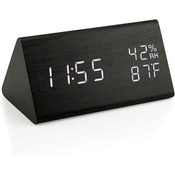 Wooden Alarm Clock, Smart LED Digital Clock for Bedroom/desks, Upgraded with Time Temperature, Adjustable Brightness and Voice Control, Humidity Displ