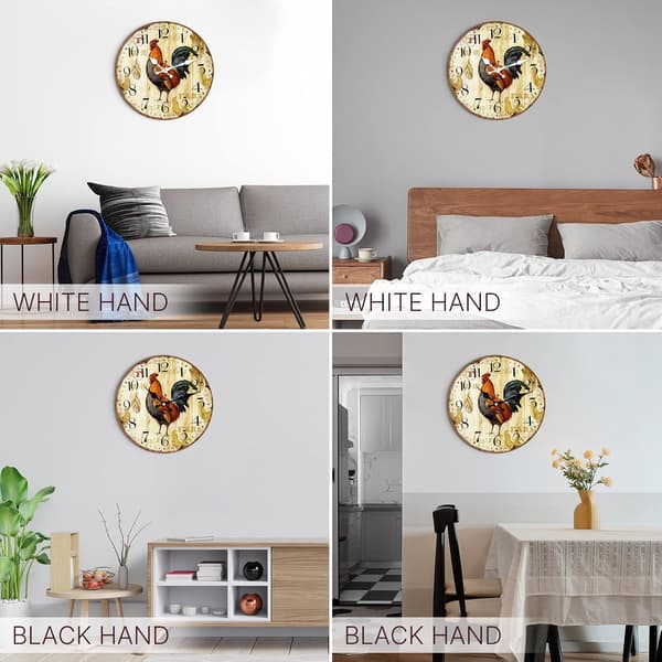 Köksväggklocka - 8\" Rustik Vintage Tupp Design Tyst Kvarts Trä Rund Väggklocka
