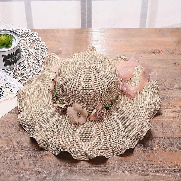 Vacker hatt, stor vågblommig solhatt, strand utomhus solhatt, solskydd halmhatt *beige