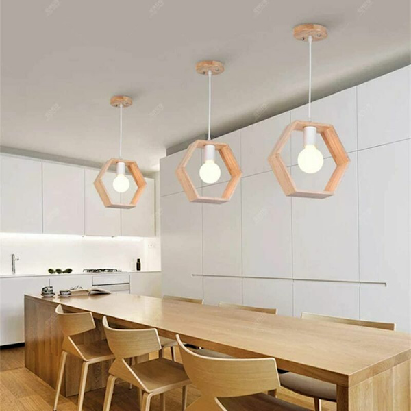 E27 Kreativa Hängande Lampor Industriell Trä Taklampa Modern Belysning Hängande Taklampor Armatur (Hexagonal Form)