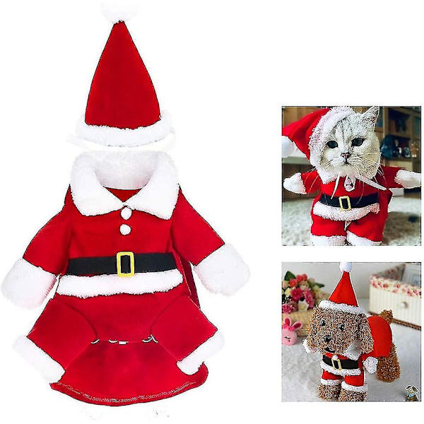 Jultomte hund och katt kostym, jul husdjurskläder, jul husdjurskläder med tomteluva（S）