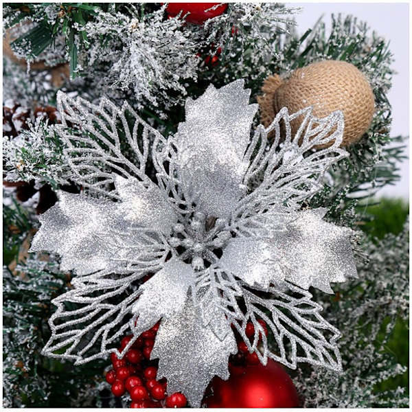 En uppsättning av 12 konstgjorda julgransblommor (silver, 10 cm)