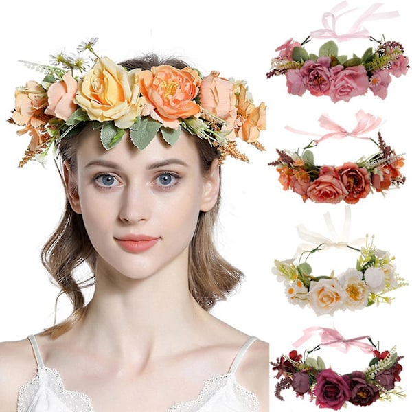 Blomster Hovedbånd Blomsterhårbøjle Bohemian Blomsterkrone Kvinder Bryllup Hårbånd