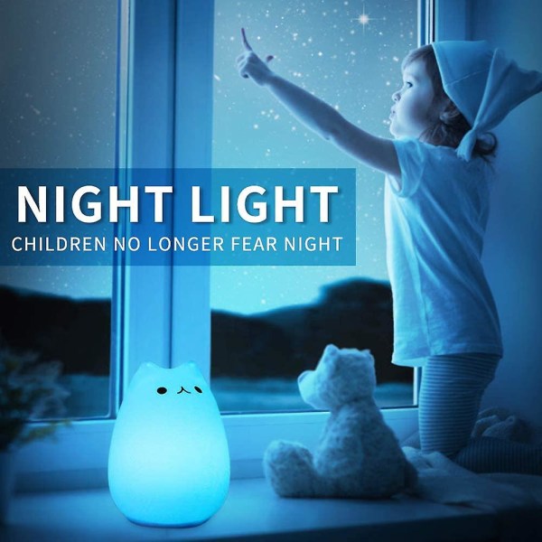 Kannettava LED-lasten yövalo lasten monivärinen silikoni-kissalamppu, lämmin valkoinen ja 7-värinen hengittävä kaksoisvalotila, ladattava USB valo