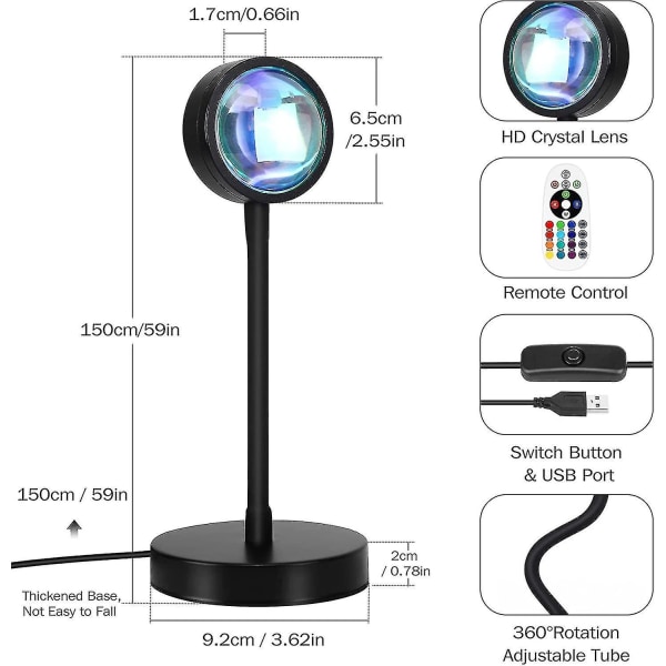 Solnedgang lampe projeksjon, 16 farger solnedgang lampe flere farger med fjernkontroll, 360 graders rotasjon led solnedgang projeksjonslampe nattlys med fad