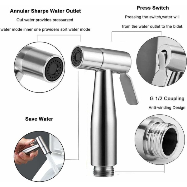 Handrengöringsspruta - Shattaf toalettrengöring duschhuvud i rostfritt stål spruta för handfat eller toalett - med 59" slang och stativ (3st) (stil 1)